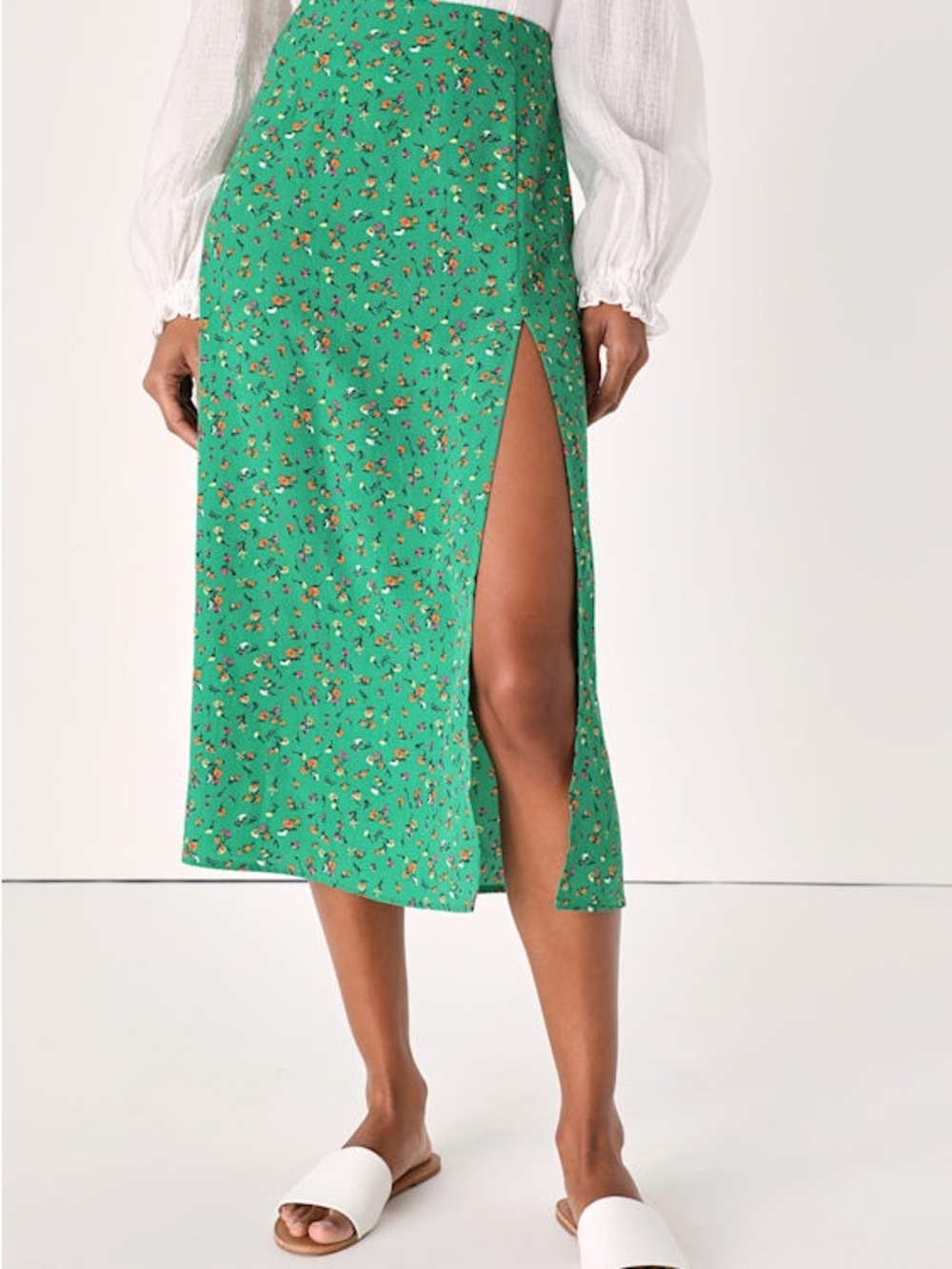 Lulu's Green Floral Side-Slit Midi Skirt
